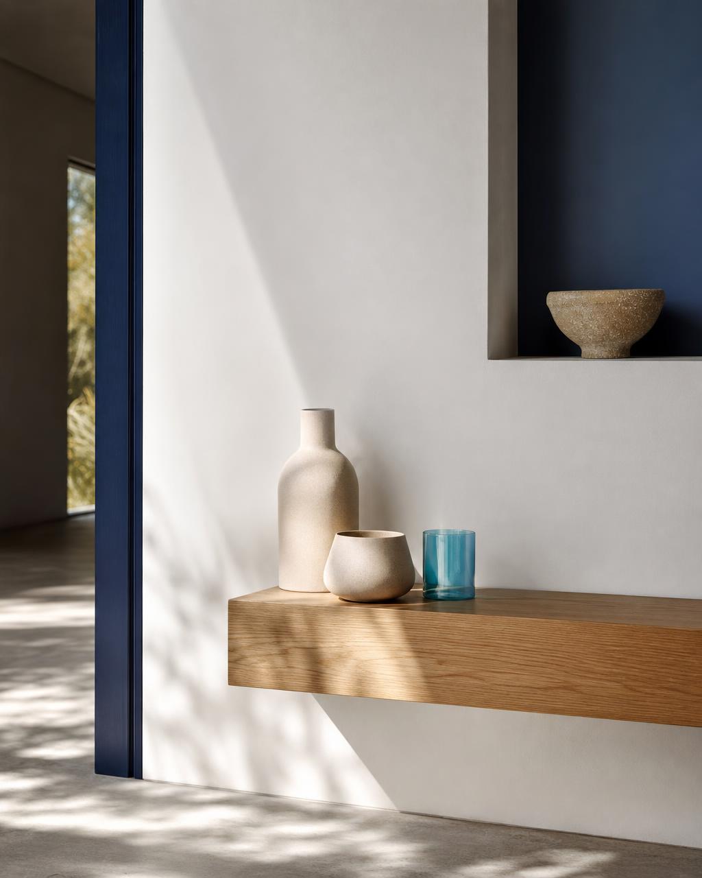 Interior detail: oak shelf with ceramics